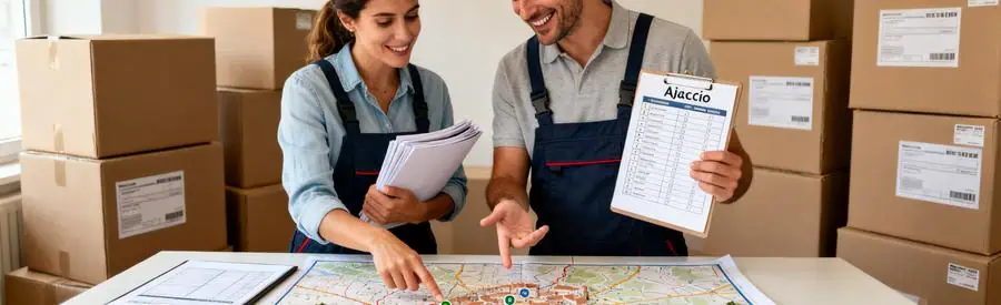 Déménageurs consultant un plan d'Ajaccio pour organiser un déménagement avec une ambiance conviviale.