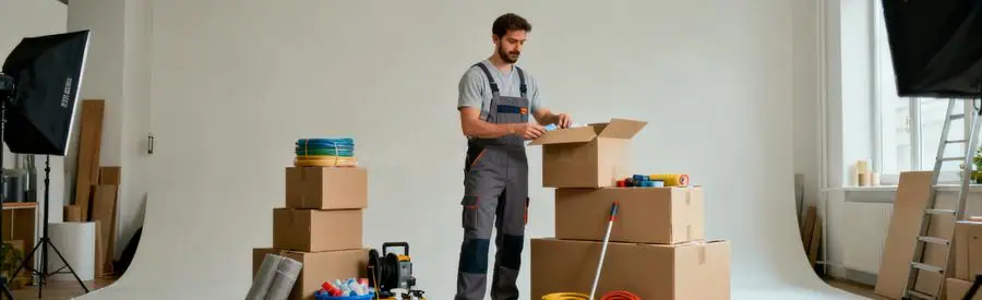Professionnel du déménagement organisant des cartons dans un studio au Blanc-Mesnil.