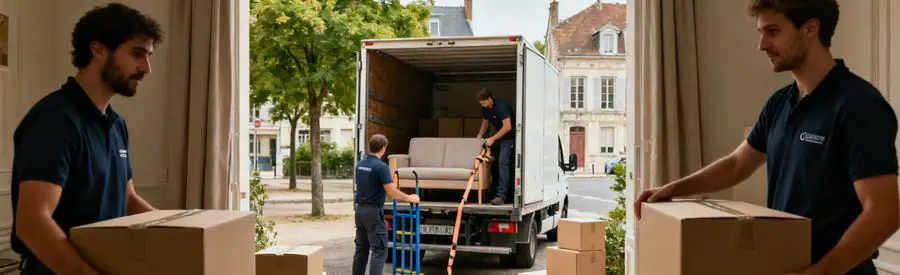 Types Deménagement Charleville Mezieres Professionnels emballant des cartons dans un appartement à Charleville-Mézières pour différents types de déménagement.