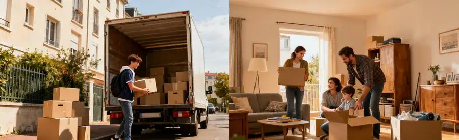Deux types de déménagement à Maisons-Alfort : étudiant chargeant des cartons et famille préparant des meubles.