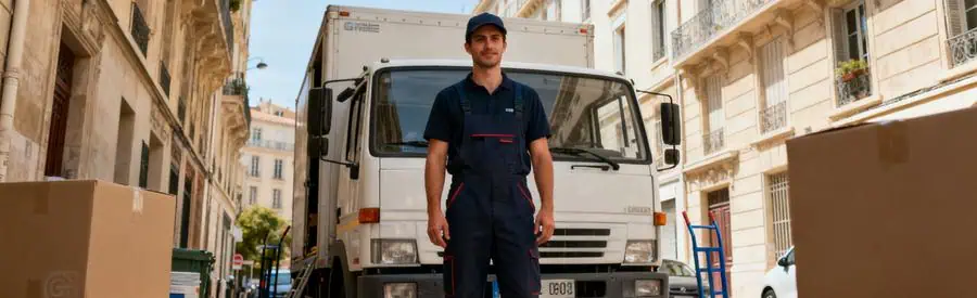 Types Demenagement Marseille 13e Déménageur préparant un camion dans une rue typique de Marseille 13e, illustrant les options de déménagement.
