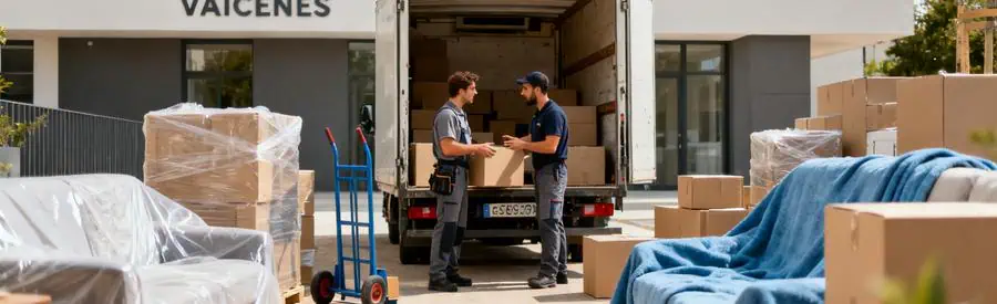 Déménageurs professionnels en action devant un immeuble à Vincennes, préparant un déménagement organisé.