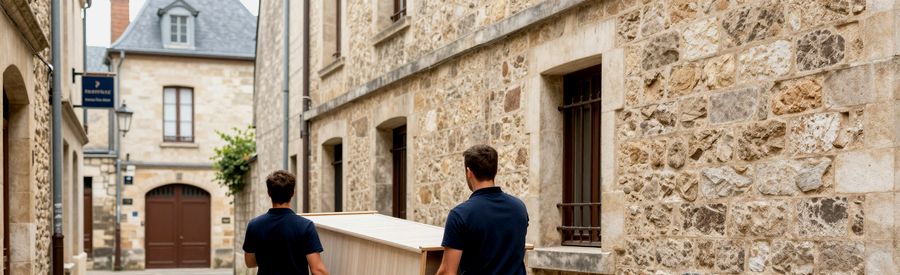 déménageurs manoeuvrant meubles dans rue étroite centre-ville Dax