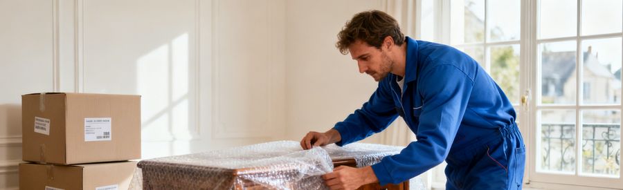 déménageur Bretagne emballant des meubles dans un appartement breton