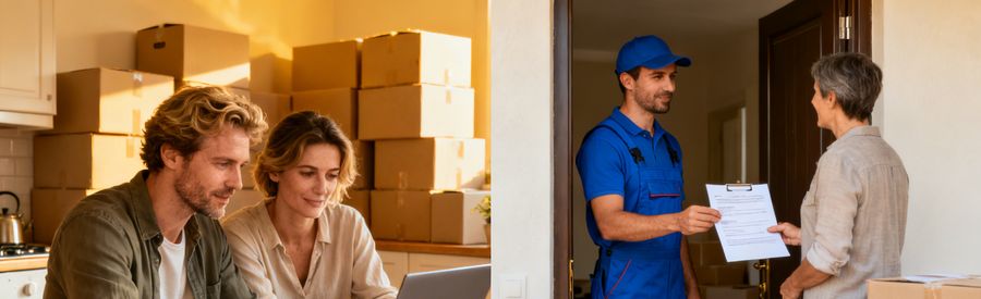 professionnel du déménagement présentant les formules disponibles à un couple