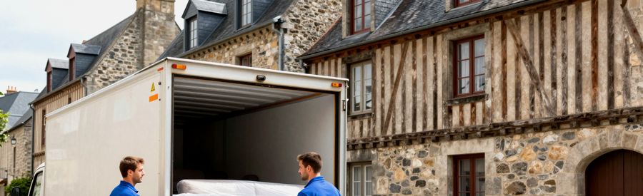 camion de déménageurs professionnels devant une rue de Rennes en Bretagne