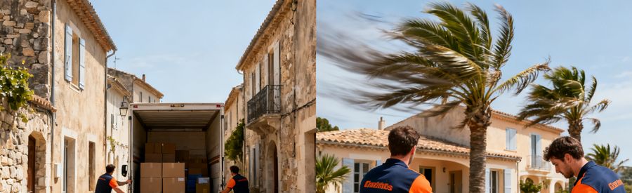Défis du Déménagement dans le Sud Camion de déménagement dans une ruelle provençale étroite, défis logistiques du sud