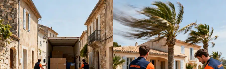 Camion de déménagement dans une ruelle provençale étroite, défis logistiques du sud