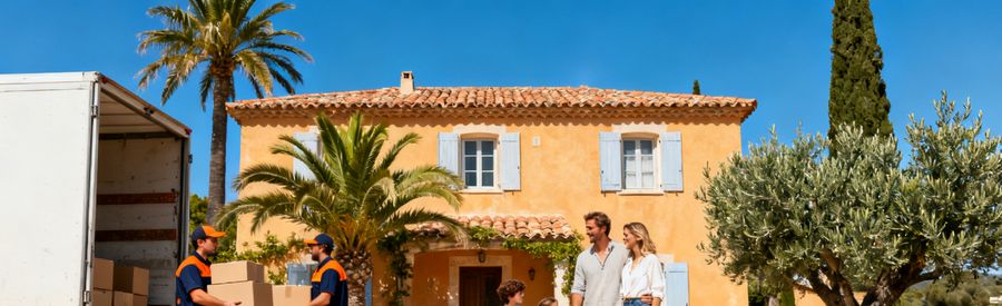 Déménagement dans le sud de la France Déménagement dans le sud : famille devant villa provençale au soleil