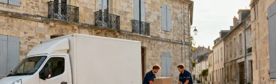Camion de déménagement devant un immeuble du centre historique de Melun 77000