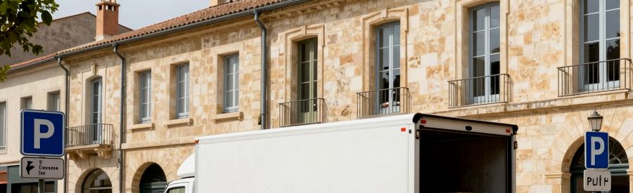 Camion de déménagement stationné avec panneaux réservés dans une rue de Montpellier