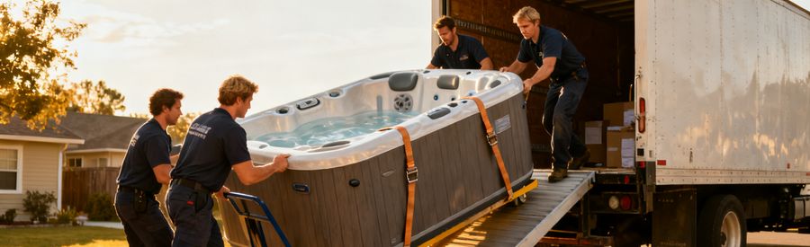 quatre déménageurs déplaçant un spa sur un chariot à roulettes