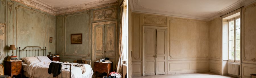 Débarras Avant Après Avant-après d'un débarras maison : pièce encombrée puis vidée et nettoyée
