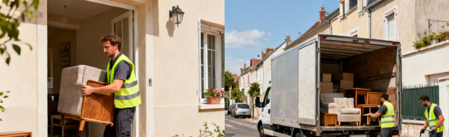 Chargement Camion Débarras Intervention de débarras maison : équipe chargeant meubles et cartons dans le camion