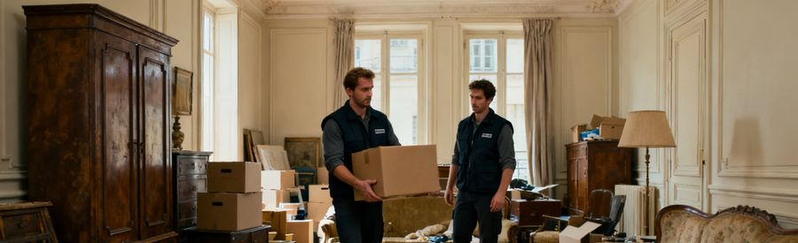 Débarras Maison Salon Encombré Débarras maison : deux professionnels vidant un salon encombré de meubles et cartons