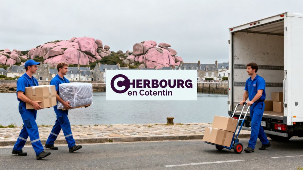 Déménageurs chargeant cartons et meubles dans un camion à Cherbourg-en-Cotentin