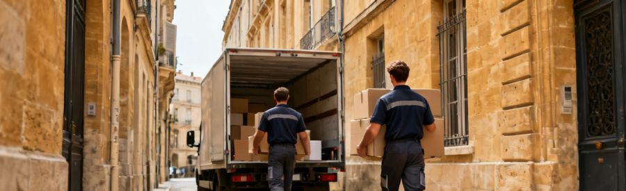 Déménageurs chargeant un camion dans une rue pavée du centre historique de Montpellier