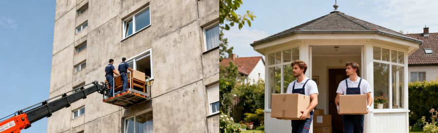 Quartiers de Noisy-le-Grand le jour du déménagement Monte-meuble sur une tour du Mont d'Est et pavillon à Noisy-le-Grand