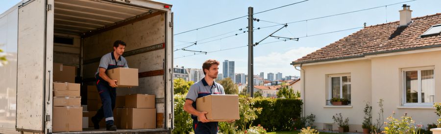 Déménagement Pessac : déménageurs déchargeant un camion devant une maison