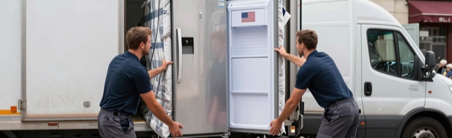 Faire appel à des professionnels pour déménager un frigo Chargement d'un frigo américain dans un camion de déménagement par des professionnels