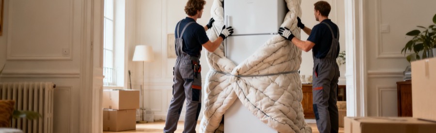 Déménager un frigo en toute sécurité Déménager un frigo : deux déménageurs emballent un réfrigérateur avec des couvertures