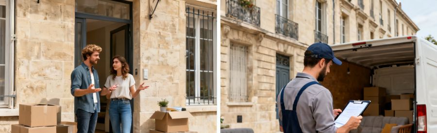 Couple discutant avec un déménageur professionnel devant un immeuble à Montpellier