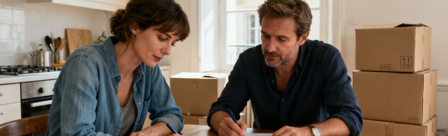 Que Faire 3 Mois Avant de Déménager Couple préparant les premières démarches quand on déménage, cartons en fond