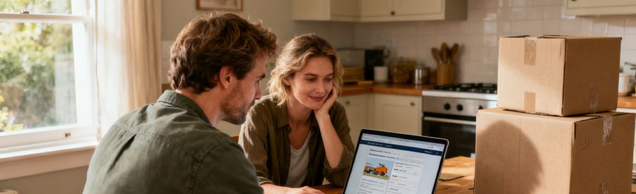 Couple comparant en ligne des estimations de déménagement pour gagner du temps